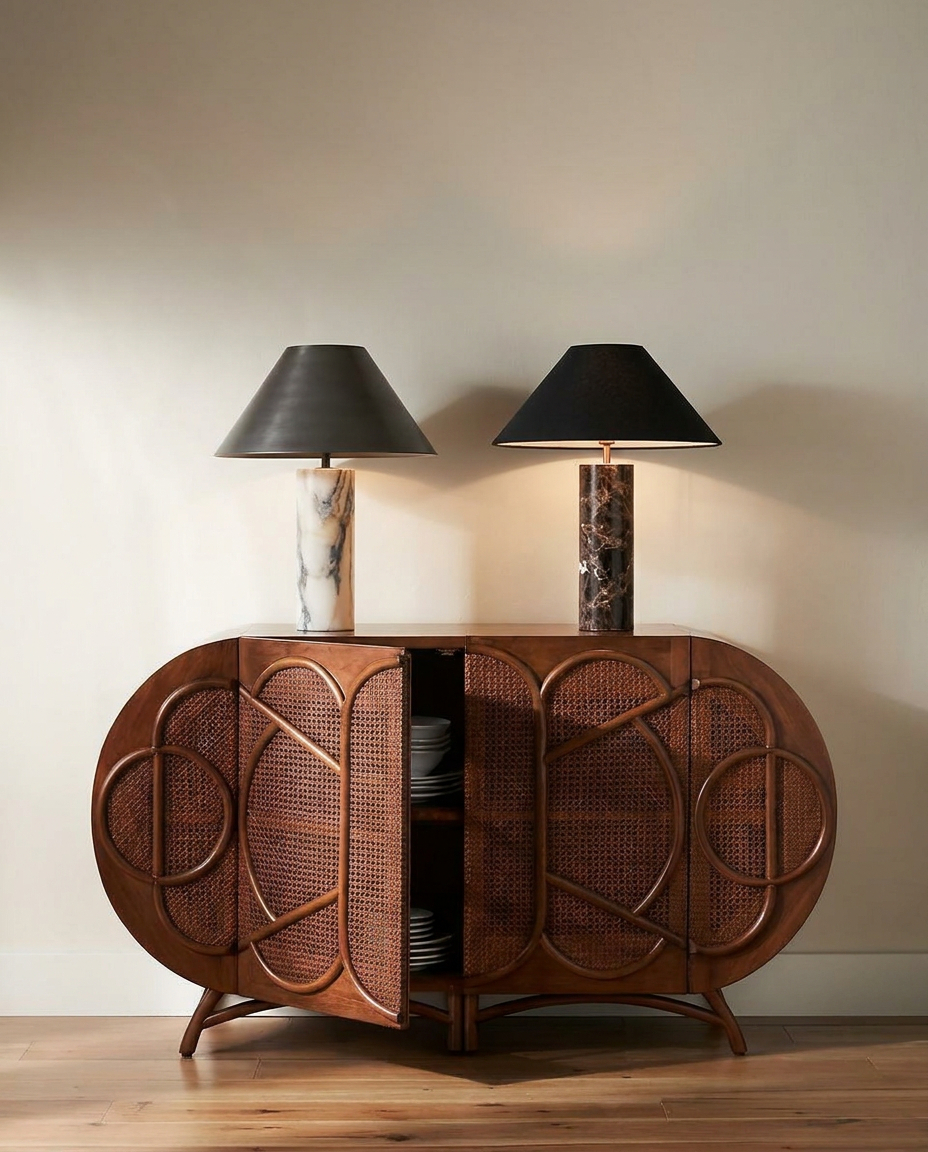 Deux lampes en marbre posées sur une commode en cannage